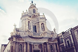 Beautiful cityscape of Italy, facade of old cathedral in Catania, Sicily, Basilica della Collegiata, famouse baroque church