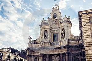 Beautiful cityscape of Italy, facade of old cathedral in Catania, Sicily, famouse baroque church