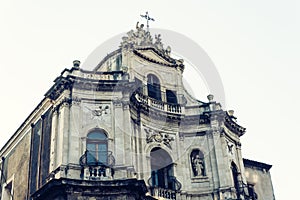 Beautiful cityscape of Italy, facade of old cathedral Catania, Sicily, Italy, Basilica della Collegiata, famouse baroque church