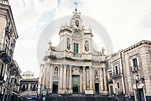 Beautiful cityscape of Italy, facade of old cathedral Catania, Sicily, Italy, Basilica della Collegiata, famouse baroque church