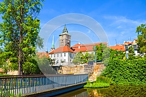 Beautiful cityscape of Pilsen, Czech Republic with dominant Water Tower, Vodarenska vez in Czech, photographed from park by