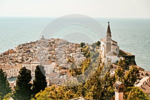 Beautiful cityscape of Piran, Slovenia, Europe. Traveling concept background. Magnificent Mediterranean landscape.