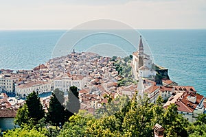 Beautiful cityscape of Piran, Slovenia, Europe. Traveling concept background. Magnificent Mediterranean landscape.