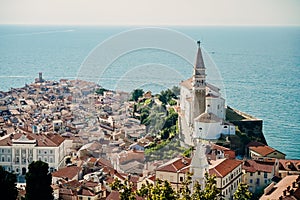 Beautiful cityscape of Piran, Slovenia, Europe. Traveling concept background. Magnificent Mediterranean landscape.