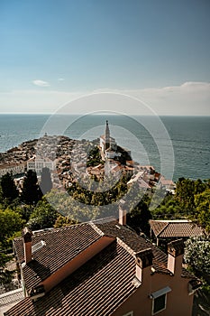 Beautiful cityscape of Piran, Slovenia, Europe. Traveling concept background. Magnificent Mediterranean landscape.