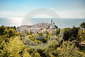 Beautiful cityscape of Piran, Slovenia, Europe. Traveling concept background. Magnificent Mediterranean landscape.