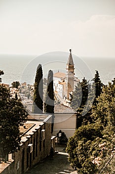 Beautiful cityscape of Piran, Slovenia, Europe. Traveling concept background. Magnificent Mediterranean landscape.