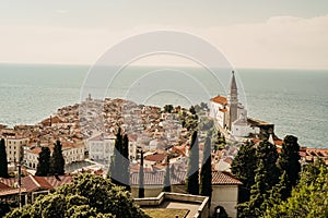 Beautiful cityscape of Piran, Slovenia, Europe. Traveling concept background. Magnificent Mediterranean landscape.