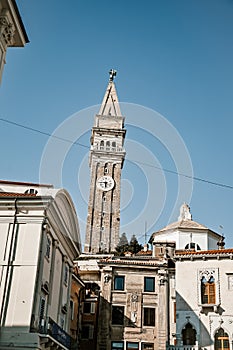 Beautiful cityscape of Piran, Slovenia, Europe. Traveling concept background. Magnificent Mediterranean landscape.