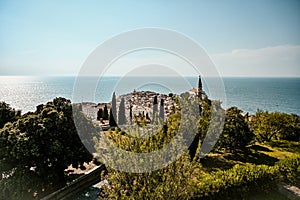 Beautiful cityscape of Piran, Slovenia, Europe. Traveling concept background. Magnificent Mediterranean landscape.