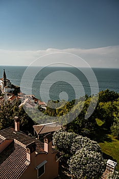 Beautiful cityscape of Piran, Slovenia, Europe. Traveling concept background. Magnificent Mediterranean landscape.