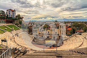 Plovdiv Roman theatre with ominous clouds photo