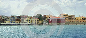 Beautiful cityscape and promenade. View of the old port of Chania, Crete, Greece.