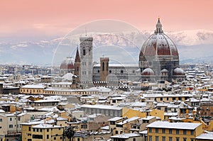 Beautiful cityscape with snow of Florence during winter season. Cathedral of Santa Maria del Fiore.