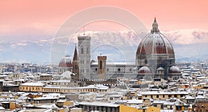 Beautiful cityscape with snow of Florence during winter season. Cathedral of Santa Maria del Fiore.