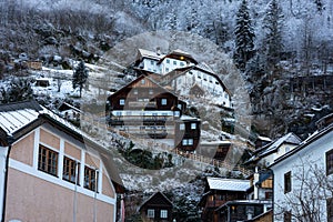 beautiful cityscape of the special city Hallstatt in Austria Salzkammergut snowy winter mountains and traditional