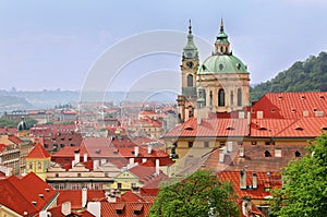 St Nicholas Church dome above red roof tops of Mala Strana, Prague Czech Republic