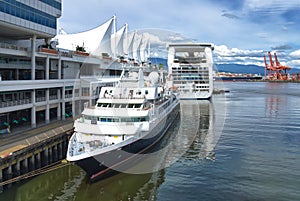 Beautiful cityscape of Vancouver. Cruise ships docked in Vancouver port, Canada