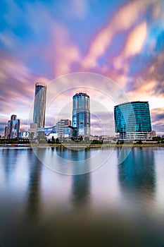 Beautiful cityscape Yekaterinburg at sunset with blurred blue and purple clouds