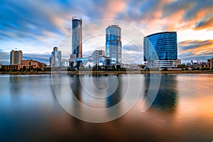 Beautiful cityscape Yekaterinburg at sunset with blurred blue and purple clouds