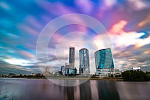 Beautiful cityscape Yekaterinburg at sunset with blurred blue and purple clouds