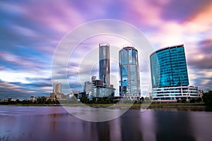 Beautiful cityscape Yekaterinburg at sunset with blurred blue and purple clouds