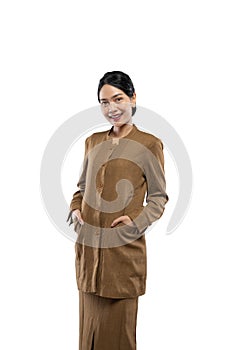 Beautiful civil servant woman smiling wearing uniform while standing