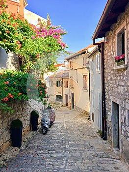 A beautiful classic narrow cobblestone European street with colourful flowers and a motorcycle parked.