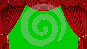 Beautiful Classic Theatrical Red Abstract Curtain Opening Rising and Closing with Green Screen. 3d Animation Realistic