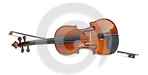 Beautiful classic violin and bow  on background, top view. Musical instrument