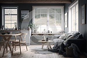 Beautiful clean cosy interior, beautiful Scandinavian lifestyle decoration. Generative Ai