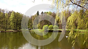 Beautiful clean European park with a beautiful view of the lake