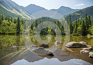 A beautiful, clean lake in the mountain valley in calm, sunny day. Mountain landscape with water in summer.