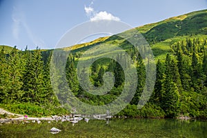 A beautiful, clean lake in the mountain valley in calm, sunny day. Mountain landscape with water in summer.