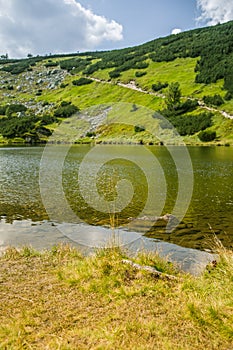 A beautiful, clean lake in the mountain valley in calm, sunny day. Mountain landscape with water in summer.
