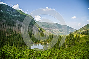 A beautiful, clean lake in the mountain valley in calm, sunny day. Mountain landscape with water in summer.