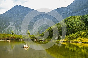 A beautiful, clean lake in the mountain valley in calm, sunny day. Mountain landscape with water in summer.