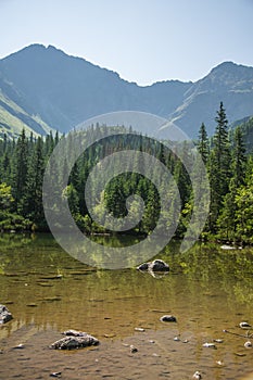 A beautiful, clean lake in the mountain valley in calm, sunny day. Mountain landscape with water in summer.