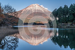 Beautiful clear sky sunset, Fuji mountain reflections at Tanuki Lakeç”°è²«æ¹–. Fujinomiya-shi, Japan