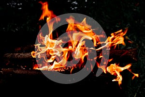 Beautiful clear tongues of orange bright flame from a fire in the dark