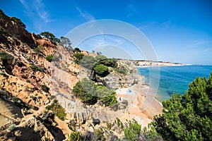 Beautiful cliffs along Falesia Beach and The Atlantic Ocean in Albufeira, Algarve, Portugal