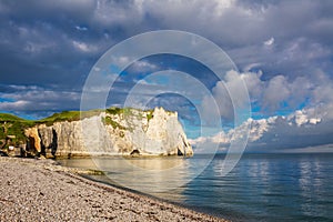 Beautiful cliffs Aval of Etretat, rocks and natural arch landmark of famous coastline, sea landscape, Normandy, France, Europe