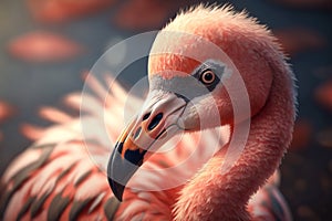 beautiful close-up portrait of an orange pink flamingo looking at camera, outside in the sunshine - generative AI