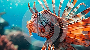 Beautiful close-up Red Lionfish in a beautiful blue ocean