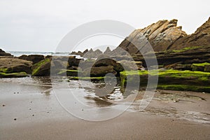 Beautiful close up on rocks on sandy volcanic azkorri beach near bilbao on spanish atlantic coast in basque country, spain