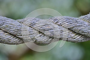 Close up view of old common natural fibers rope on green spring background with soft and selective focus. Rope fence