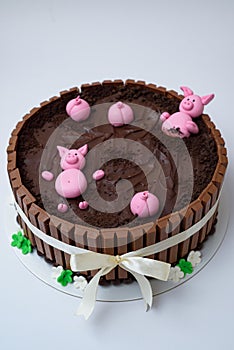 Beautiful closeup of a chocolate cake with a design of pigsty with swines