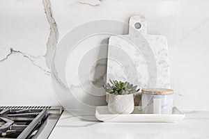 A beautiful closeup of a custom designed kitchen, with marble looking quartz countertop and backsplash