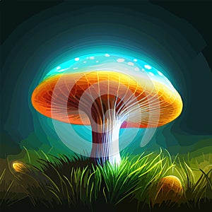 beautiful closeup fantasy magic mushroom in fairy forest, fireflies background