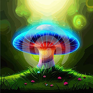 beautiful closeup fantasy magic mushroom in fairy forest, fireflies background